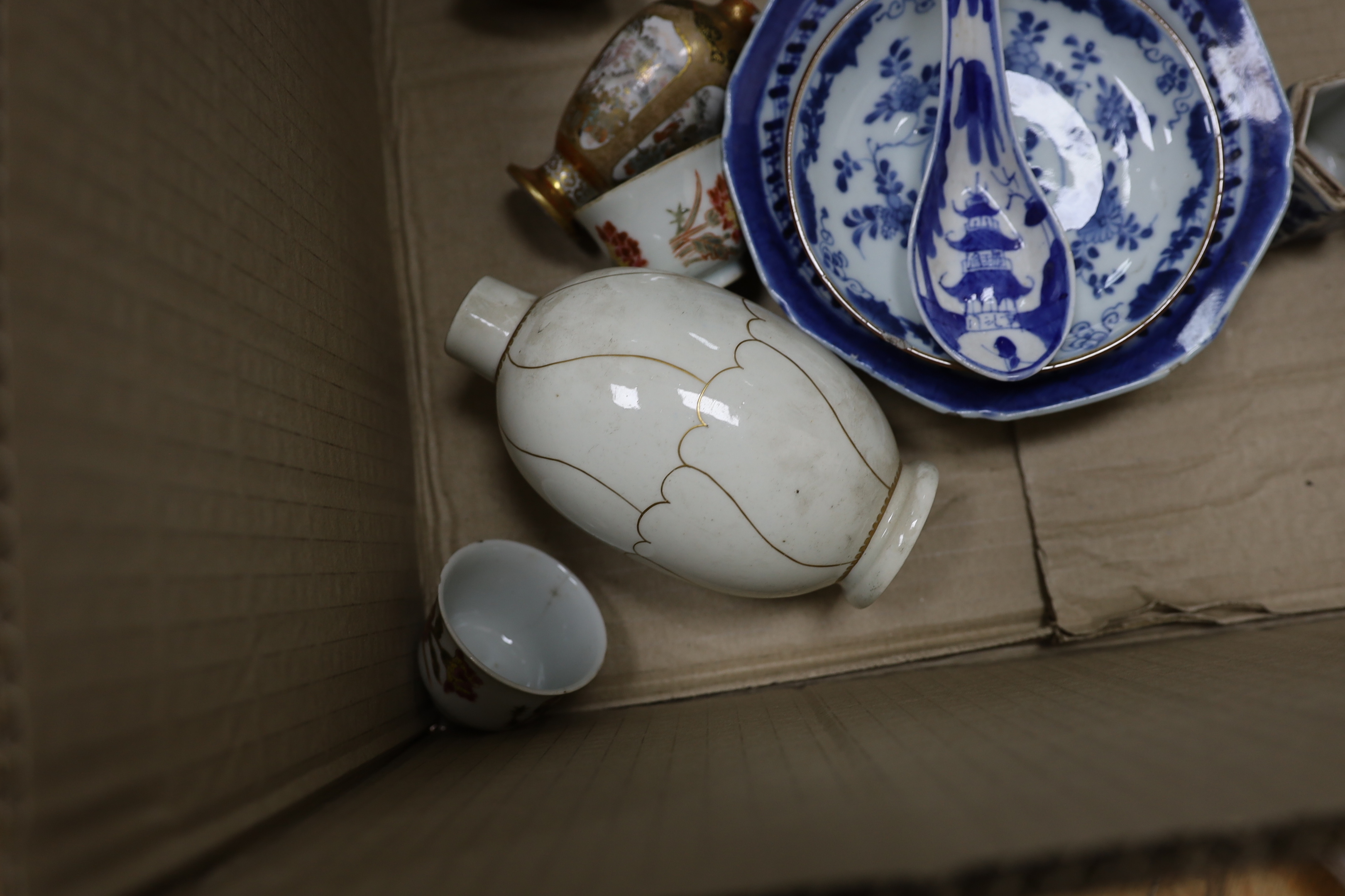 A group of Chinese blue and white vases, box and tea wares, Kangxi to 19th century and other ceramics